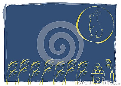 Vector illustration of moon viewing festival in Japan. Full moon, rabbit and silver grass. Vector Illustration